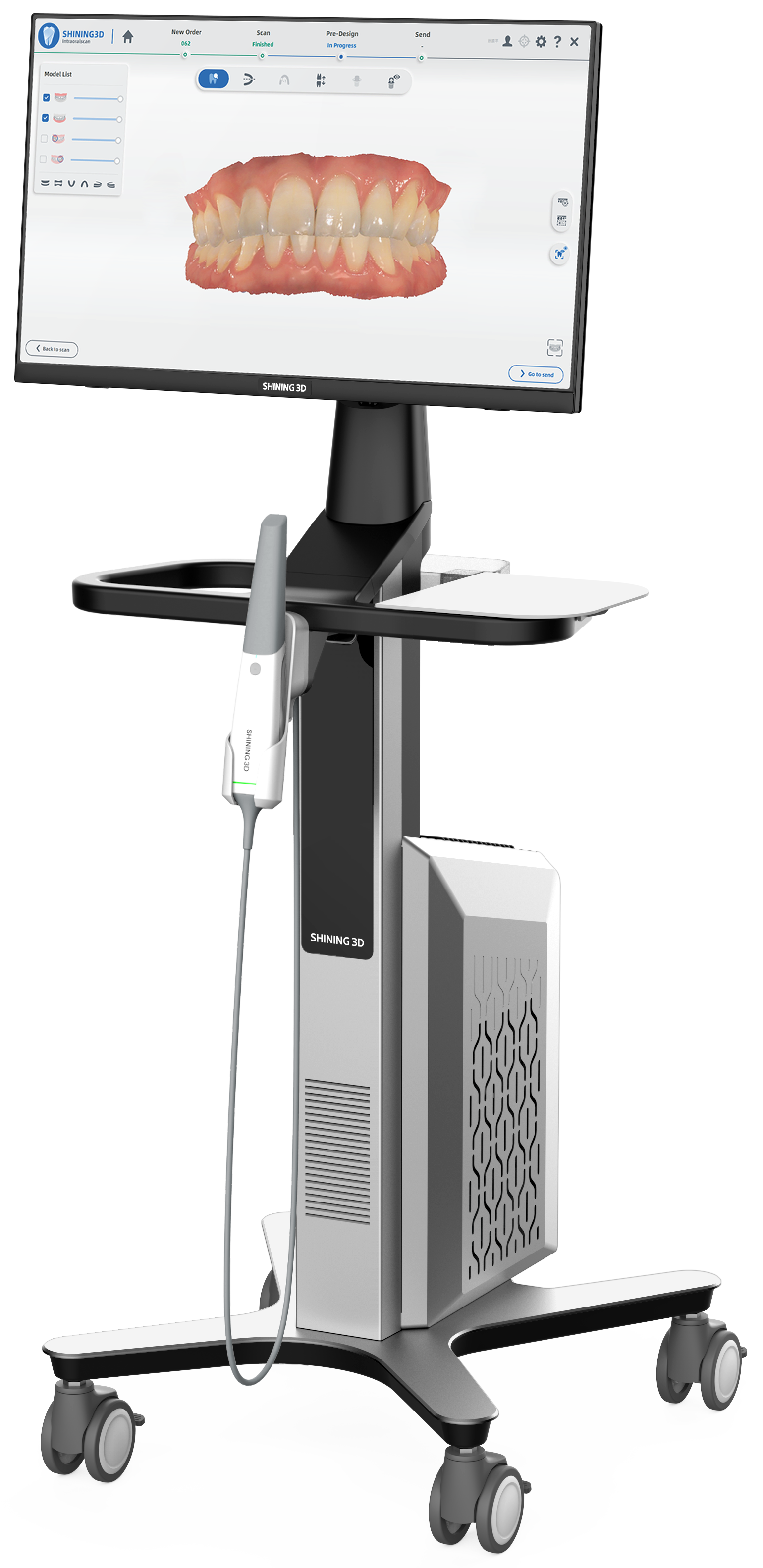 Dental imaging machine displaying a digital image of teeth on a screen, mounted on a wheeled stand with controls and a handheld scanning device attached.